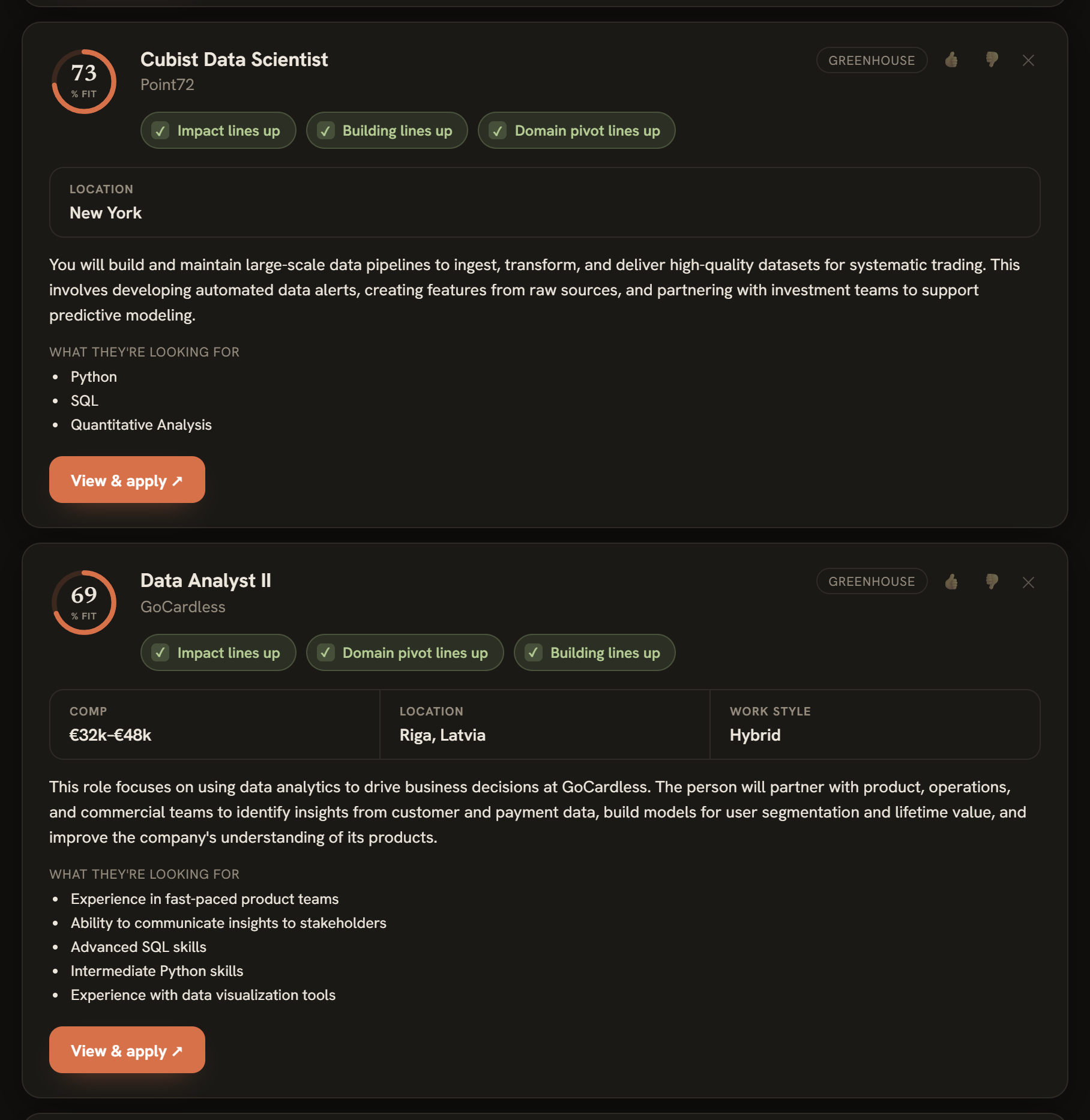 Two ranked roles, each with a fit percentage and the reasons behind it — required skills matched, impact and building aligned — plus comp, location and what the role is looking for