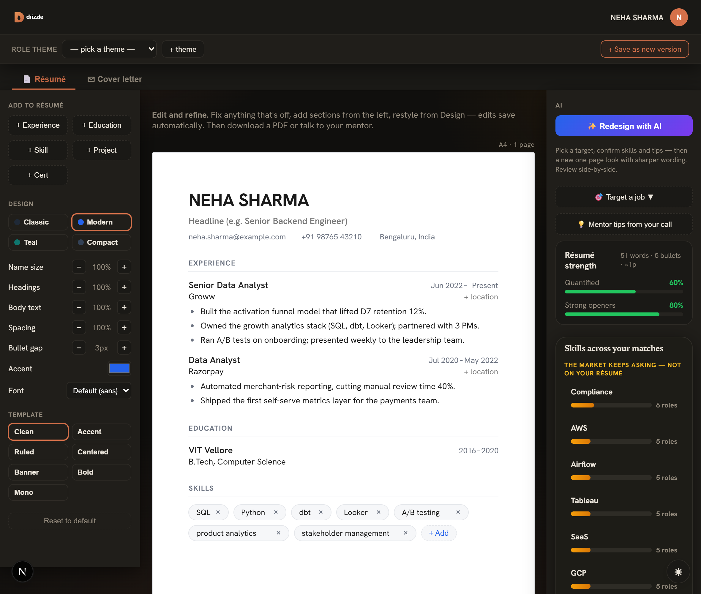 The résumé editor — design and template controls on the left, the live résumé in the middle, and an AI panel showing résumé strength and the skills the market keeps asking for